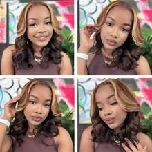 VIOLLY 亮点渐变色 13x4 大面积透明蕾丝前部手工编织真人发假发 200 密度 28 英寸长身体波浪蜂蜜金色巴西真人发混合假发 - 混合真人发和合成预拔发际线和预漂白隐形结适合女性在日常或节日场合佩戴假发 - SP4/27 - 查看 6