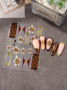 棕色果冻花指甲贴纸 5D 百合指甲贴花 2 件自粘夏季指甲贴纸豹纹金色边框花卉美甲用品女士指甲装饰饰品配件 - 彩色 - 查看 7