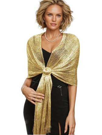Golden Sparkling Metallic Shawl With Round Buckle Elegant Thin Breathable Tassel Scarf Women's Party Banquet Dress Outside Shawl
