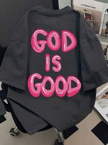 女童信仰印花短袖宽松柔软T恤，夏季休闲装，女童上衣 - 深灰色 - 查看 3