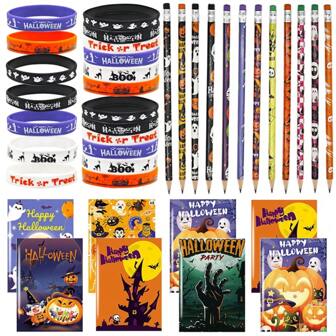 15/18/24/30 pièces Crayons d'Halloween, Bracelets et Cahiers Kit de fournitures de fête, Set de crayons thème Halloween, Cadeaux et Fournitures de fête d'Halloween, Récompenses, Bonbons ou Farces (Aléatoire)