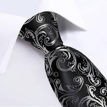 Conjunto de corbata de seda con estampado floral, incluye pinza de corbata, pañuelo y gemelos - Negro y plata - Ver 6