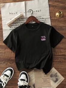 少女休闲印花黑色圆领短袖T恤，夏季上衣 - 黑色 - 查看 4