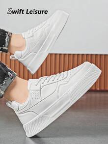 Men's Simple White Patchwork Lace-Up Skate Shoes, Fashionable Casual Sneakers For Everyday, Commuting & Walking, Unisex Athletic Shoes - White - View 3