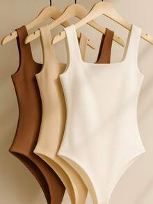 Kit 3 Body Bory Bori Women's Jumpsuit Square Neck Tank Top Thick Strap Winter Colors Suplex Double Layer Basic Travel Party Gift Beach Immediate Shipping Black Beige Brown Gray - 白色/棕色/裸色 - 查看 1