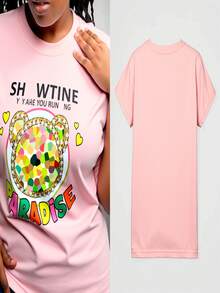 Playera oversize estampada para mujer, clásica y casual, ajuste oversize y cuello redondo, tela de algodón, apta para temporadas de verano, primavera y días soleados, con pedrería artificial decorativa en la parte frontal. En algunos colores pueden variar los tonos y estampados. - Rosa vieja - Ver 2