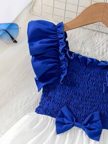 Váy suông chữ A trễ vai nhún bèo thời trang cho bé gái, thích hợp mặc hàng ngày, ở nhà, ngoài trời, mùa hè - Xanh và trắng - Xem 6