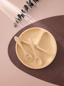 PopLittleOne 3 件装婴儿食物储存硅胶碗宝宝防水叉勺吸盘硅胶餐盘纯色婴儿餐具