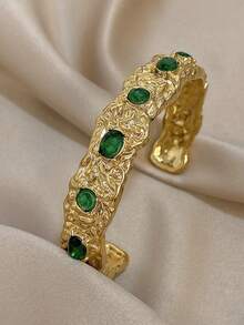 18K 镀金不锈钢奢华祖母绿手镯套装，适合女士，含方晶锆石，适合妈妈、教师、夏季旅行海滩珠宝、波西米亚风格珠宝、狂欢/舞会/派对/日常配饰、返校礼物、生日礼物、伴娘礼物、圣诞礼物