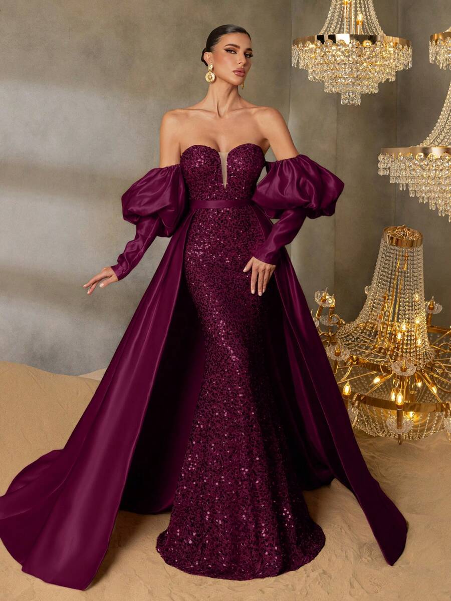 Faeriesty Wunderschönes Abendkleid mit Puffärmeln, Meerjungfrauensaum, Satinschleppe und Pailletten für rote Teppich Events, große Galas, formelle Hochzeitsempfänge, renommierte Wohltätigkeitsgalas und luxuriöse Bankette
