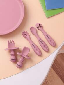 5PCS Personalized Customization Name Baby Silicone Utensils Mini Spoon Fork Food Accessories Solid Color Baby Tableware Print On Demand Baby's Cutlery - Multicolor - View 5