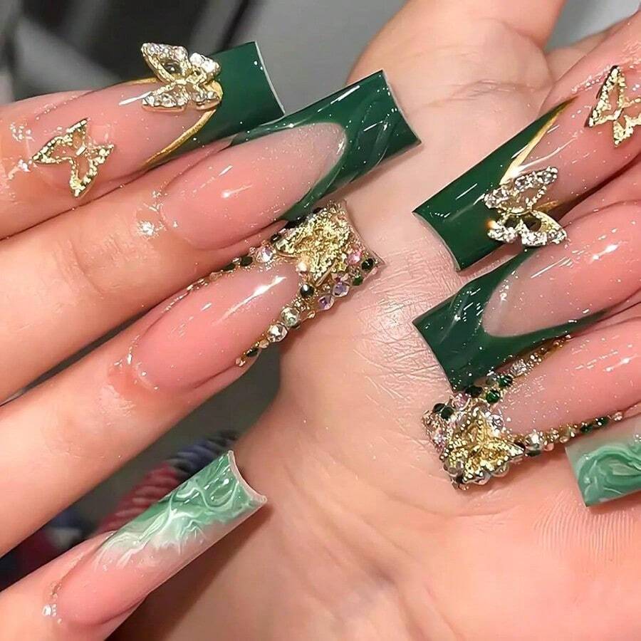 DLong Square Pr On Nails Green French Tip Fake Nails Gold Glitter False Nails With Gold 3D Butterfly Designs Long Square  On Nails Sparkly Artificial Nails Cute Stick On Nails For Women7001 - LongStyle-C5C29 - 查看 1