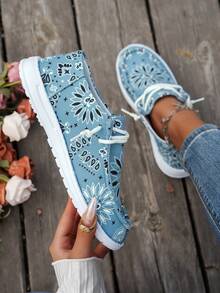 Women's Loafers, Casual Holiday Style, Four Seasons Style, Indoor And Outdoor, Cashew Flower Pattern, Versatile, Light And Comfortable, Round Toe, Elastic Laces, Easy To Put On And Take Off Flat Shoes - 藍色 - 查看 4