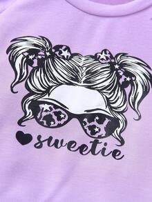 2pcs/Set Tween GirlsCartoon Portrait Print Sweatshirt & Skinny Pants Suit, Streetwear Fashion, Autumn - Purple - View 3