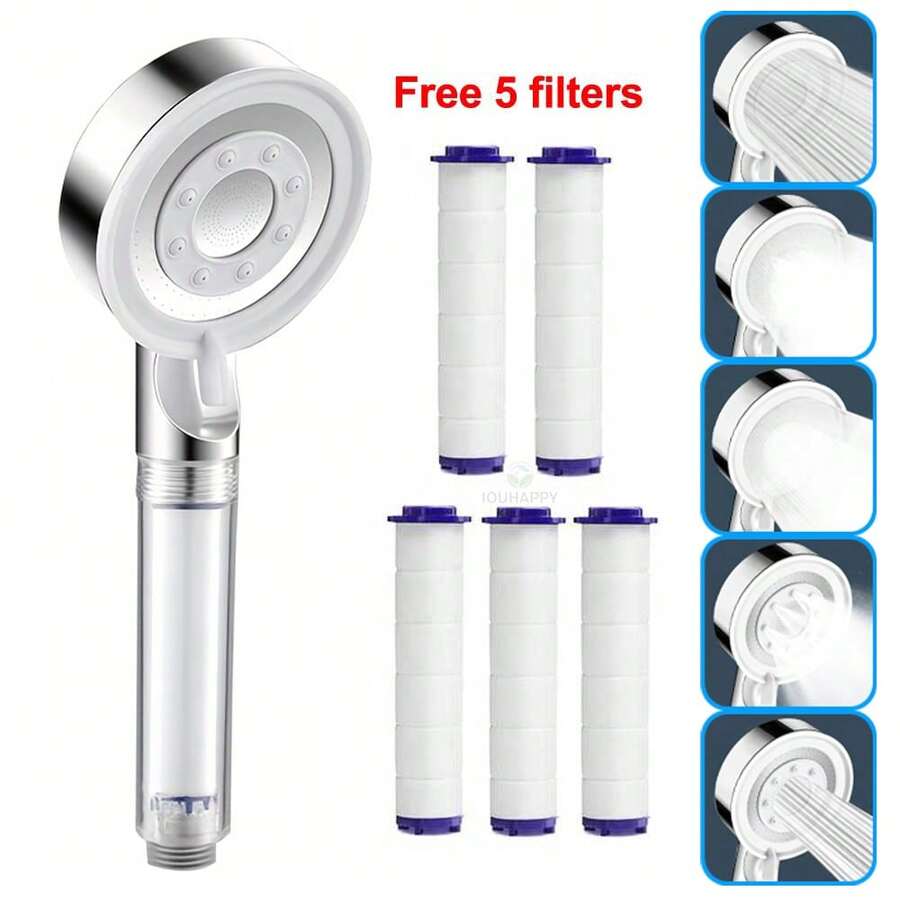 5-Mode Filter Shower Head With 5 Extra Replacement Filters, Bathroom Shower Filter Sprayer With Pressure Boosting, Lightweight Shower Head Convenient For RV, Camping, Outdoor Bathing, Bathroom Accessories. Hose Not Included.