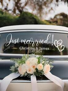 1pc Customized Wedding Car Decal, Window Sticker With Name And Date, Removable Adhesive Wedding Signage Sticker, Personalized Wedding Couple Decal, Wedding Bumper Sticker, Multifunctional, Durable, Decorative, Elegant, Cute, High-Quality, Modern, Colorful, Adorable, Comfortable, Fashionable, Unique - Multicolor - View 4