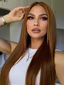 13*6 Lace Front Wigs Brown Long Straight Synthetic Wig For Daily Party Hallowen Wear