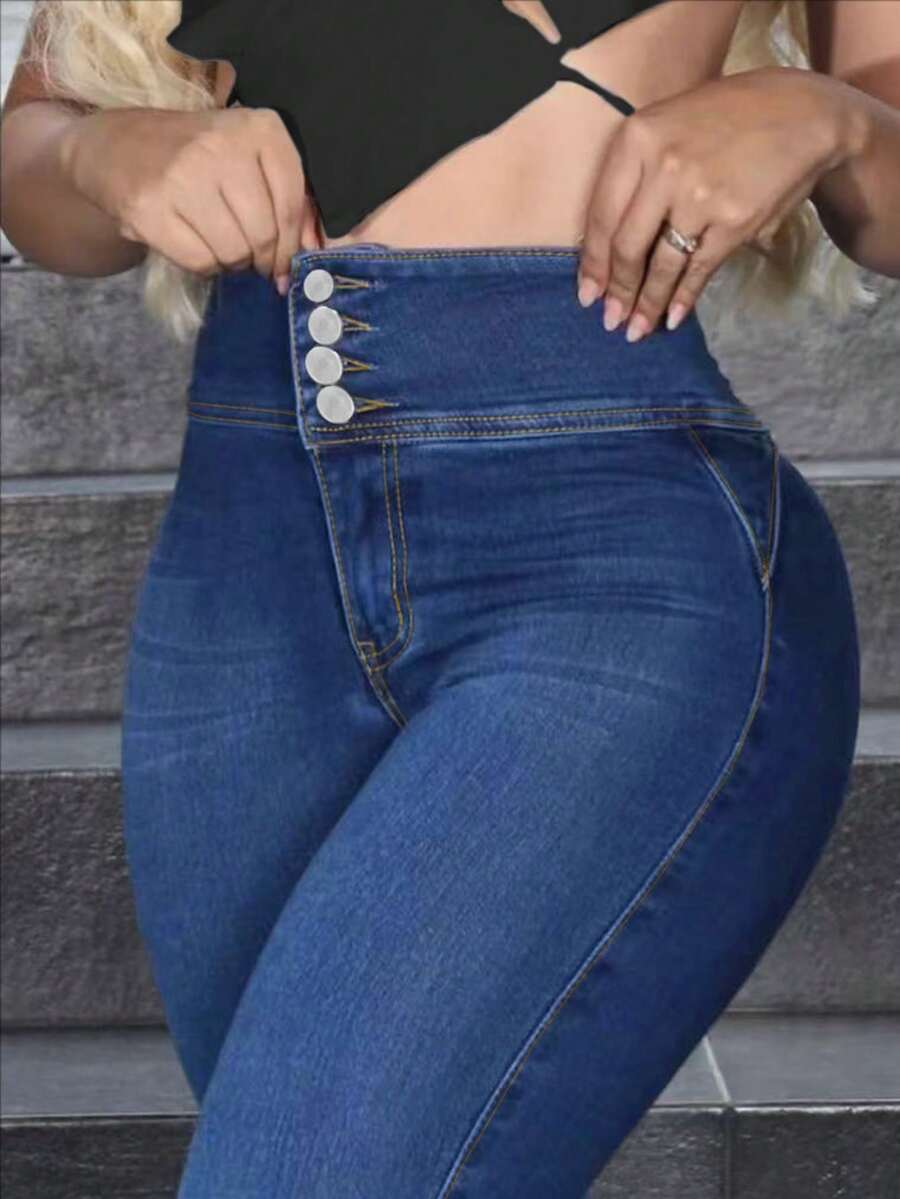 高腰蓝色牛仔裤，修身铅笔裤，版型显瘦，适合春夏、度假、假日、外出穿着。 - 藍色 - 查看 1