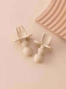 2PCS Personalized Customization Name Baby Silicone Spoon Fork Solid Color Kids Utensils Feeding Training Stuff Soft Print On Demand Baby Tableware - Multicolor - View 11