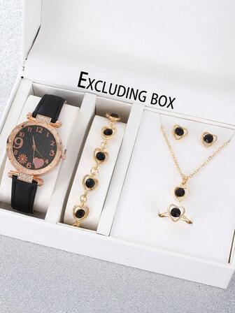 6pcs/Set Women's Rhinestone Dial Leather Band Quartz Watch & Beaded Bracelet Set, Large Dial, Suitable As Gift