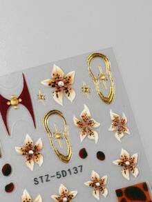 棕色果冻花指甲贴纸 5D 百合指甲贴花 2 件自粘夏季指甲贴纸豹纹金色边框花卉美甲用品女士指甲装饰饰品配件 - 彩色 - 查看 8