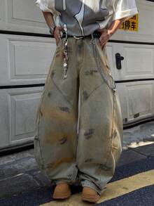 1pc Vintage American Design Mud Dye Wash Patchwork Handpainted Barrel Leg Jeans (Product Does Not Include Belt And Accessories) - Yellow - View 5