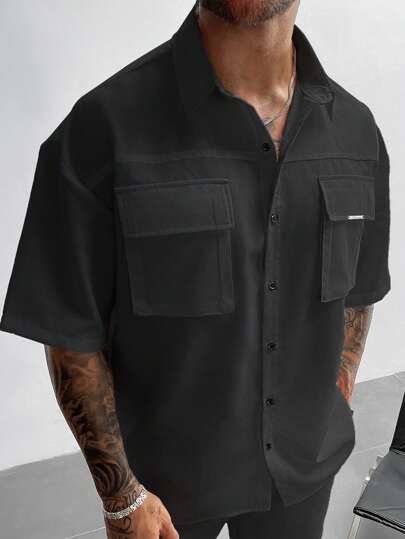 Men's Utility Old Money Style Shirt White Cargo Shirt With 3D Pocket Short Sleeve Loose Fit Lapel Shirt For Resort Outdoor Daily Wear Father's Day Gift