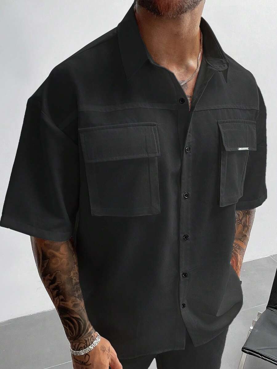 男士实用复古风格衬衫白色工装衬衫，带 3D 口袋，短袖宽松翻领衬衫，适合度假户外日常穿着，父亲节礼物