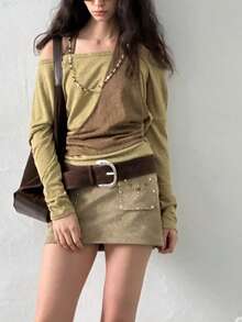 1 件纯色 PU 皮革复古做旧银扣性感黑棕色绒面牛仔风格男女通用腰带配饰，适合所有季节夏季、学校秋季、秋季、万圣节 - 彩色 - 查看 15