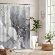 Cortina de chuveiro impermeável com estampa de mármore (1 peça), acessórios para banheiro, à prova d'água e resistente a mofo, lavável à máquina, material de poliéster, não desbota, leve e respirável. A cor pode variar ligeiramente devido às condições de iluminação. Inclui 12 ganchos - decoração artística para banheiro. - B - Ver 6