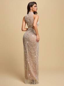 Astony One Women's New Prom Formal Dress, Sexy, Mature And Elegant Style, Flesh Colored Design, Beaded Patchwork Sequins - Apricot - View 4