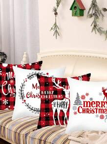4 件套圣诞装饰枕套，红黑格纹圣诞树驯鹿图案靠垫套，圣诞快乐派对装饰，圣诞客厅卧室装饰枕套，圣诞床椅沙发装饰沙发套，圣诞家居装饰，房间装饰，2026 新年装饰，圣诞装饰，圣诞礼物