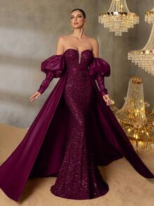 Faeriesty Wunderschönes Abendkleid mit Puffärmeln, Meerjungfrauensaum, Satinschleppe und Pailletten für rote Teppich Events, große Galas, formelle Hochzeitsempfänge, renommierte Wohltätigkeitsgalas und luxuriöse Bankette