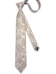 Conjunto de corbata de seda con estampado floral, incluye pinza de corbata, pañuelo y gemelos - Champán - Ver 3