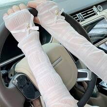 1 对休闲街头风格蝴蝶结丝带防紫外线臂套，优雅女士丝绸材质，长臂覆盖，适合驾驶和骑自行车 - 黑/白 - 查看 8