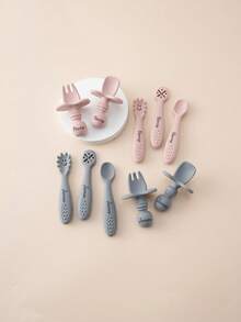 5PCS Personalized Customization Name Baby Silicone Utensils Mini Spoon Fork Food Accessories Solid Color Baby Tableware Print On Demand Baby's Cutlery - Multicolor - View 4