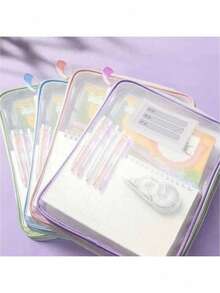 4件装透明文具收纳文件夹热销加厚网状拉链文件包装A4尺寸学校办公用品旅行收纳袋 - 彩色 - 查看 2