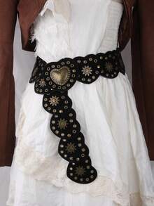 1 件女士复古西部金属拼布心形腰带，Y2K 复古独立美学皮革腰带，带蝴蝶链装饰 - 黑色 - 查看 15