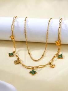 TONSI 1 Set Elegant Charming Personalized Luxury Vintage Western Minimalist Fashionable High-End Stainless Steel Cubic Zirconia 18K Gold Plated Four-Leaf Clover Floral Diamond Jewelry Set, Suitable For Summer, Holidays, Travel, Work, Daily Wear, Parties, Gatherings For Women - Multicolor - View 7