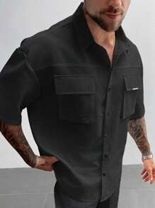 男士实用复古风格衬衫白色工装衬衫，带 3D 口袋，短袖宽松翻领衬衫，适合度假户外日常穿着，父亲节礼物