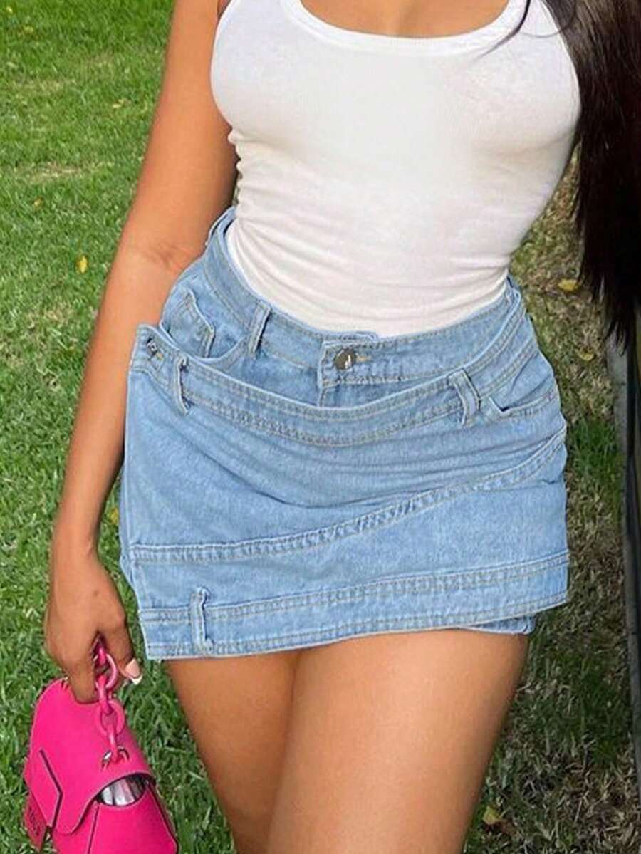 90s Rave Street Style Wrap Elastic Asymmetric A-Line Patch Pocket Back Fitted Denim Mini Skirt - Fermentation and Bleaching - View 1