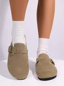 Fall/Winter Boken Women's Spring 2025 New Large-Size Closed Toe Solid Color Fashionable And Versatile Decorative Buckle Slouchy Style Sloping Heel Thick Sole Shoes,Flats,Mule