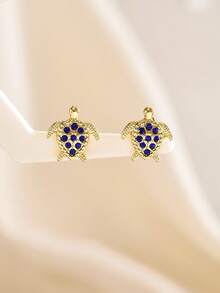一对珐琅镶嵌可爱海龟耳钉，适合女性在海滩度假和日常生活中佩戴 - 藍色 - 查看 6