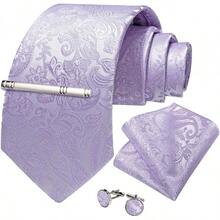 Silk Floral Necktie Set With Tie Clip, Handkerchief & Cufflinks - Lavender Paisley - View 3