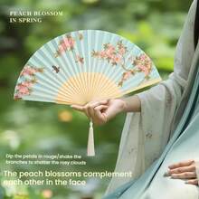 1 件便携式折扇，花卉图案，流苏装饰，中式丝绸扇，女士手持折扇 - 彩色 - 查看 6