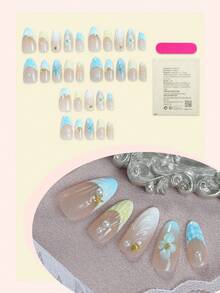 10片法式美甲贴纸，中蓝色杏仁渐变3D花卉装饰，水波纹设计，镶嵌珍珠和水钻，海洋风格，光滑表面，全覆盖假指甲，适合女性和女孩日常佩戴的美甲用品 - 彩色 - 查看 3