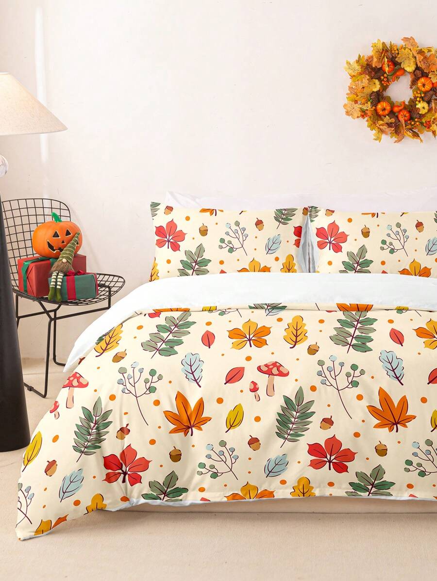 3pcs/Set Halloween Maple Leaves Pumpkin Digital Print Duvet Cover Set(1 Duvet Cover & 2 Pillowcase)Soft And Skin-Friendly Duvet Cover Bedding Set For Home, All Season Bed Sheets Set Halloween Gift - Multicolor - View 1