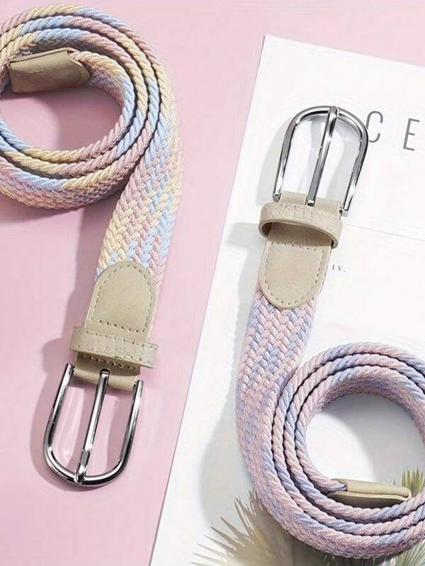 Cinto feminino de lona elástica sem fivela, versátil para usar com jeans, alça ajustável casual.