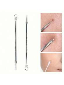 Juego profesional de 4 piezas - Herramienta de acero inoxidable para eliminar espinillas y acné - `Kit de herramientas de acero inoxidable para eliminar acné y manchas - ¡Faciales en casa! Facial sin fragancia para piel normal - Herramienta de eliminación de acné y manchas Kit extractor de comedones de doble cabezal - (Juego de 1 pieza) Limpiador, cepillo limpiador, bolsa, organizador, almacenamiento ¡Para problemas de acné durante la pubertad!  Traducción realizada con la versión gratuita del traductor DeepL.com - Plata - Ver 7
