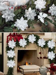 10/20pcs Shiny White Artificial Christmas Tree Decorative Flowers (With Clips), Christmas Tree Decorations, Wedding Decor, Holiday Party, Wall Decor Flowers, Golden Pine Leaves, Poinsettia, Gold/Red/Silver, 5.9 Inch, Clip-On (White) - White - View 7